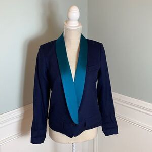Smythe Les Vestes Navy Blue with Contrast Satin Lapel Crop Blazer